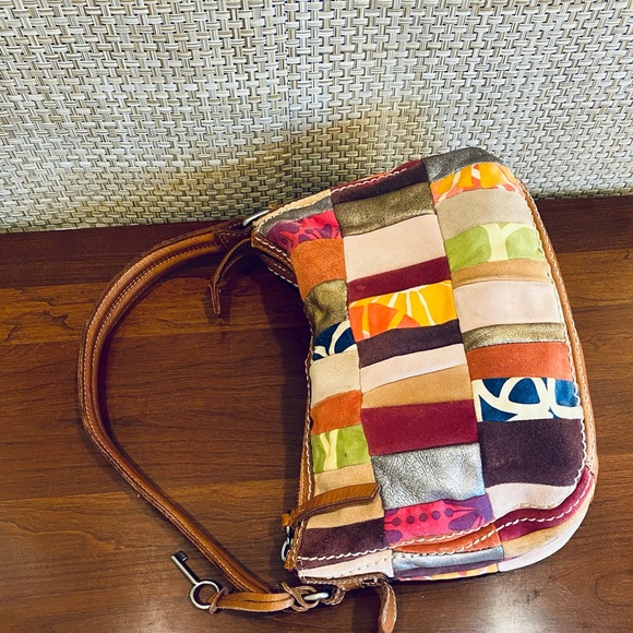 🌟4xHP🌟VTG 1990s Fossil Patchwork Leather & Suede Shoulder Bag - Picture 12 of 15